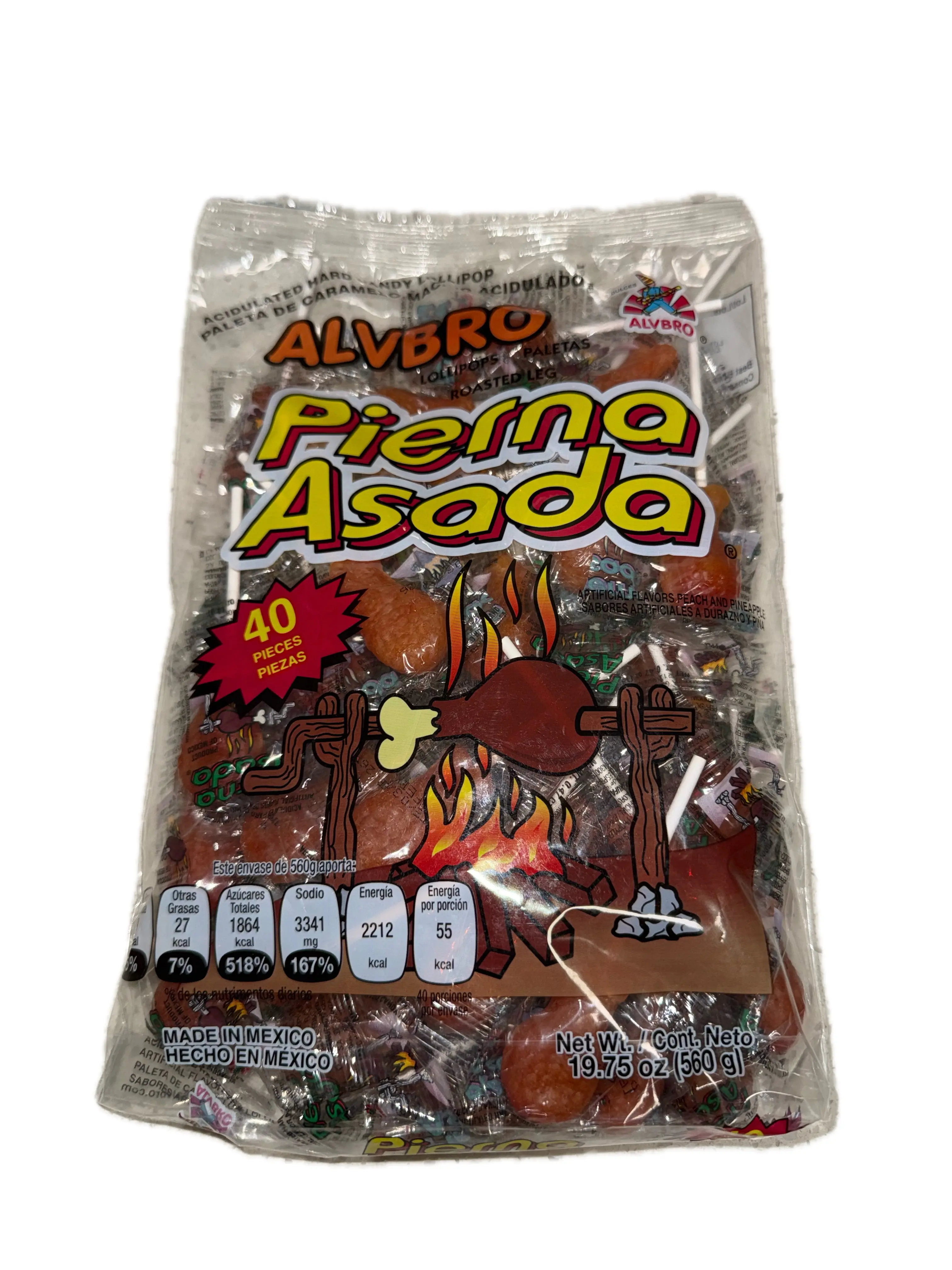 Paleta Pierna Asada ALVBRO 560g, 40 paletas | Alvbro Pierna Asada Mexican Chili Lollipops Peach & Pineapple Flavor, 40 Pieces, 19.75 oz (560 g)