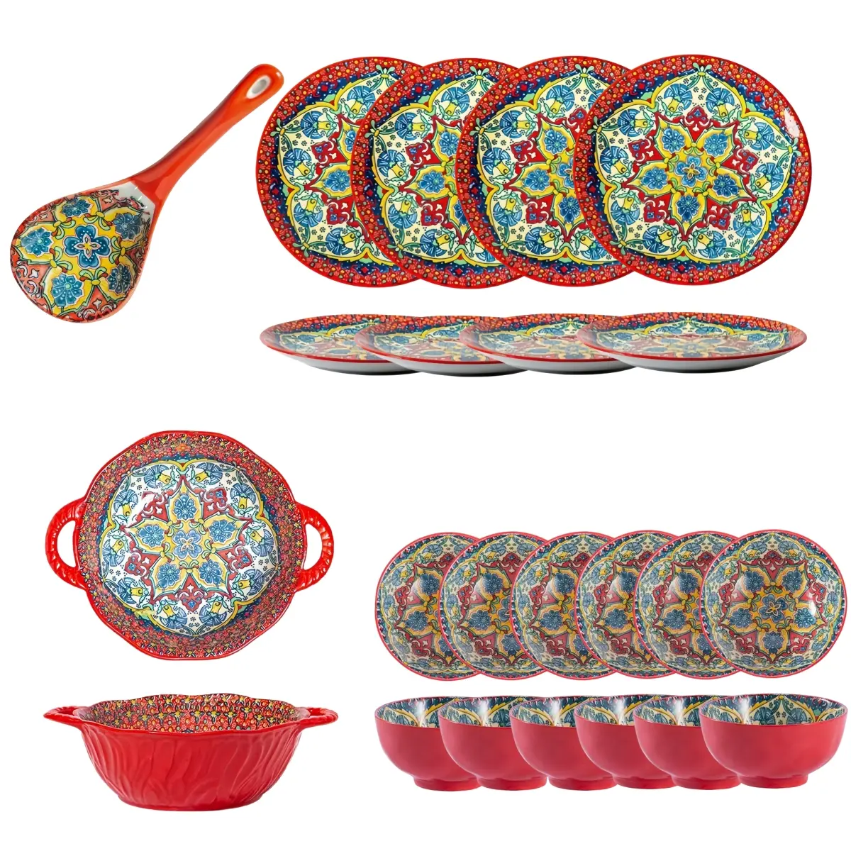 Boho Style Ceramic Dinnerware Set, Dish Sets, 12-Piece Durable Kitchen Dining Tableware, Microwave & Dishwasher Safe, Perfect Gift Idea, Dinnerware Service Set