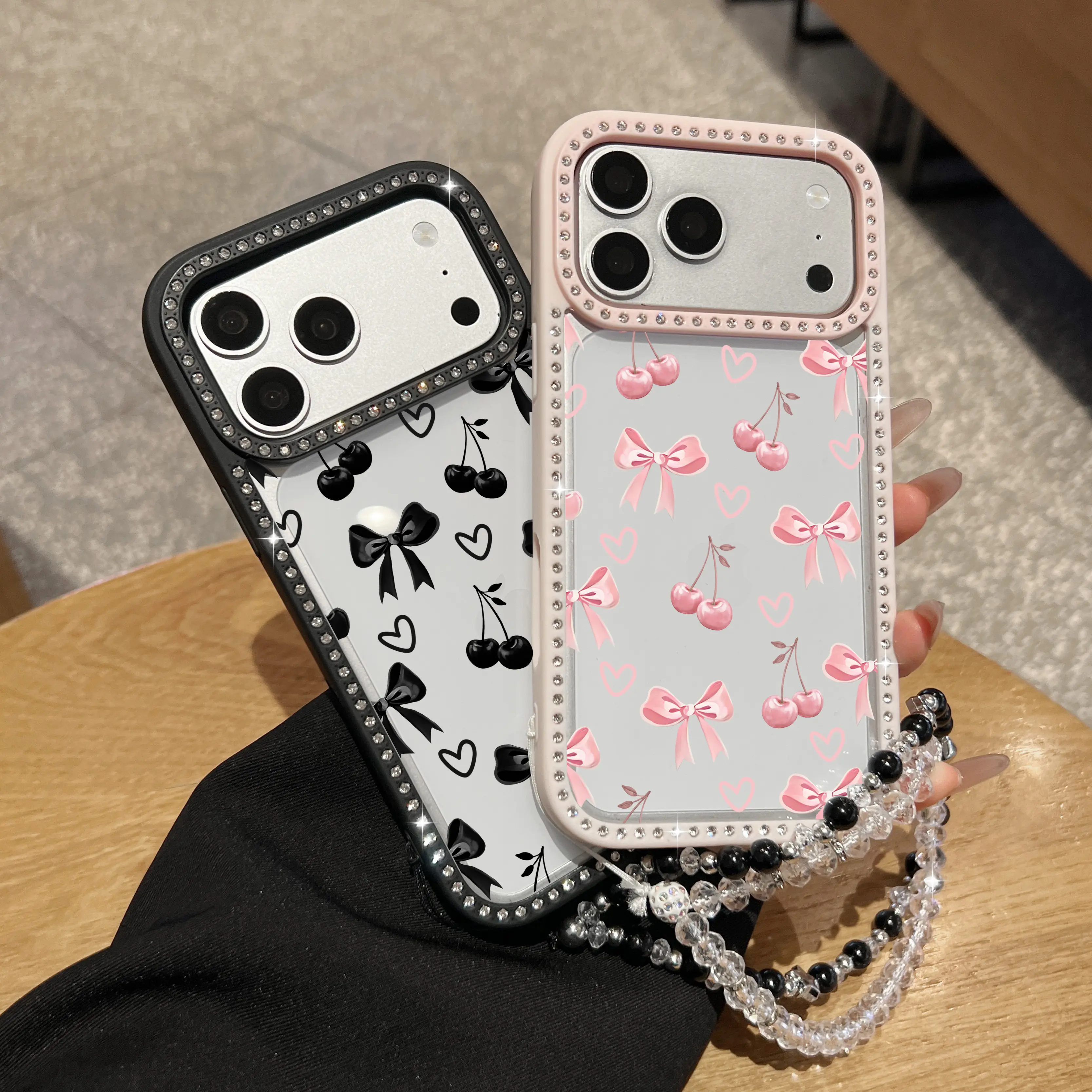 Aesthetic Bow and Cherry Rhinestone Phone Case for iPhone 17Pro Max Air 16Plus 15 14 13 12 11 cases, Double-sided diamond-encrusted 3-in-1 design, Shockproof Drop,Protection Durable,Protective Silicone Cover, Gifts for Girls.JL92