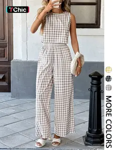 Women's Casual Fashion Vacation Set, Plaid Sleeveless Vest with Back Buttons and Loose Long Pants Two-Piece Set, Womenswear