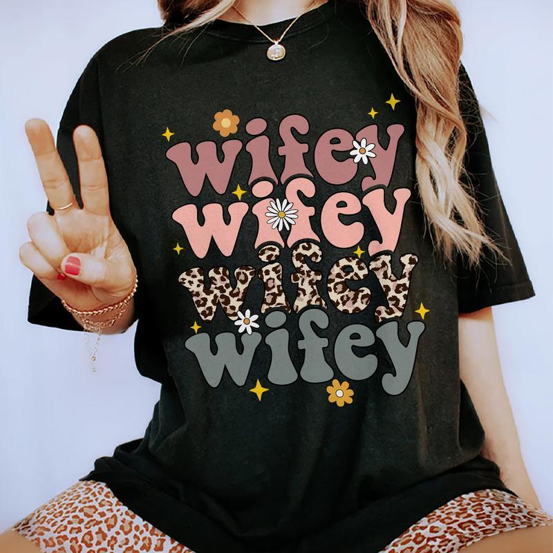 Wifey Shirt, Retro T-shirt, Leopard Wifey Graphic Printed shirt, Vintage Groovy Comfort Shirts For Wife Cotton Fabric