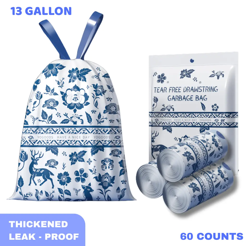 13 Gallon 60 pcs Heavy-Duty Drawstring Trash Bags, Rip-Proof, Leak-Proof & Artemisia Scented, Blue Porcelain Print, for Kitchen, Office & Bathroom