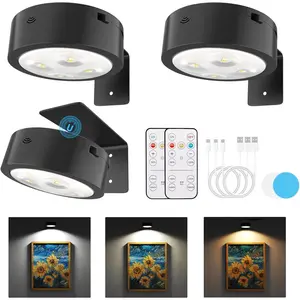 3 Pack Black Picture Lights for Wall Rechargeable Battery Operated Wireless Magnetic Picture Frame Light with 3 Lighting Modes Remote Control Timer