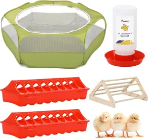5-in-1 Chicken Brooder Box for Chick Starter Kit, Includes Pet Cage Tent, Chicks Perch, Chick Feeder, 1.1L Chicks Waterer, Chicken Supplies (Brooder Set), Green + Red + Wood Color