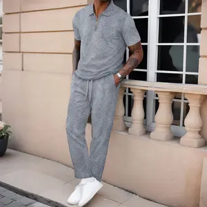 Men's 2-Piece Menswear Set - Short-Sleeve Solid Textured Quarter-Zip Polo Shirt & Drawstring Pocket Trouser, 2026 Trend Summer Casual Streetwear Loungewear summerwins