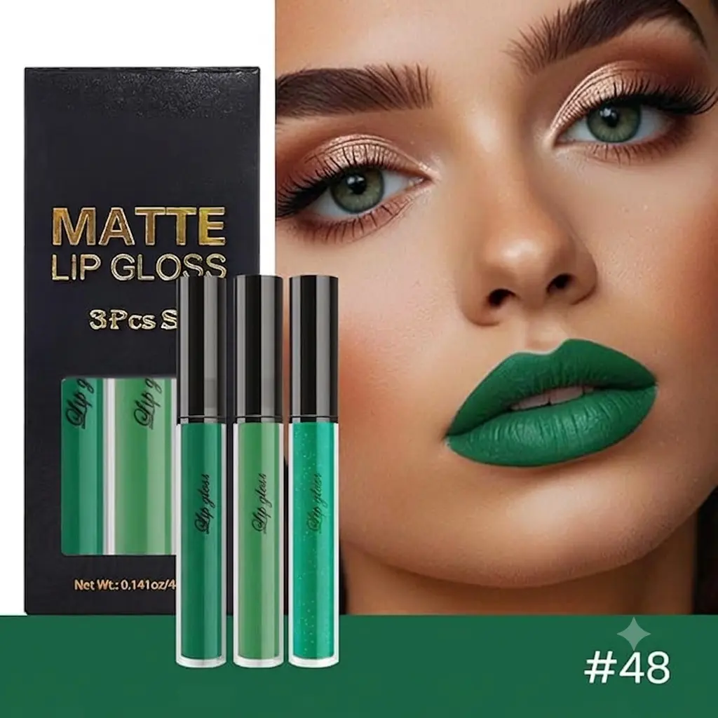 Dark Pale Teal Forest Emerald Green Matte Glitter Shimmer Shiny Liquid Lipstick Lip Stain 3pcs Set for Women Matte+Lipstick Long Lasting Waterproof 24 hr Magic Lipstick 24 Hours original