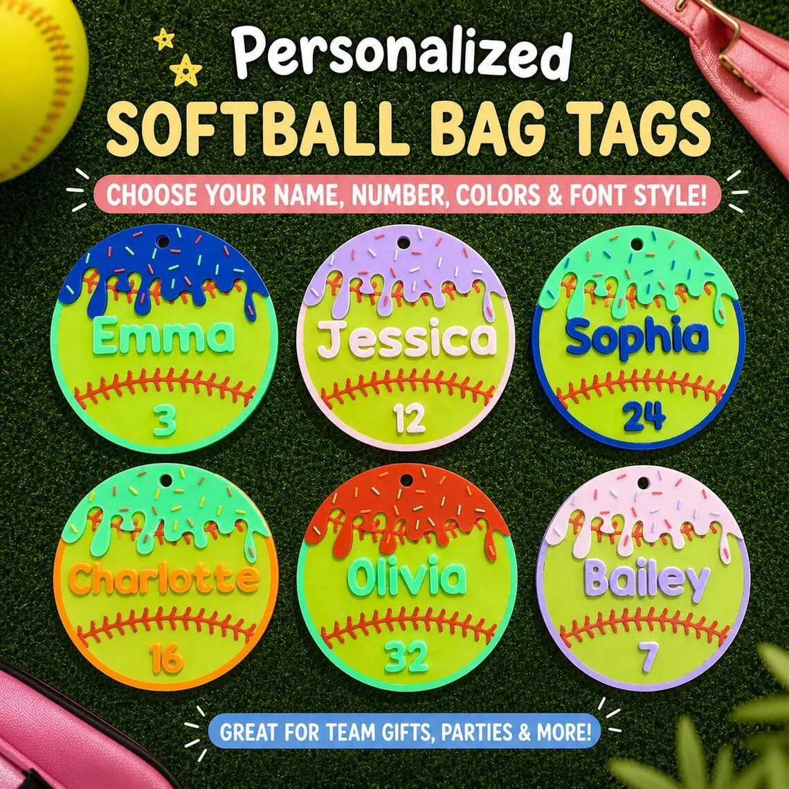 Personalized Softball Drip Bag Tag w/ Clip & Ring | Custom Name Keychain | Team Gift, Sports Backpack Tag, Ice Cream Drip Design