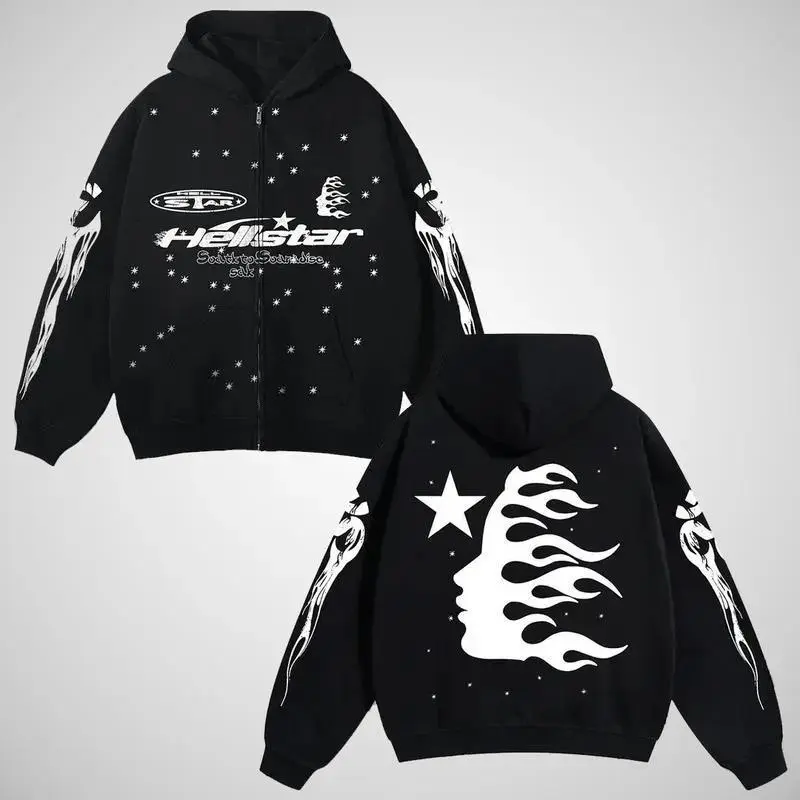 Hellstar Fashion Zip-Up Hoodie 2025 for Men & Women, Oversized Graphic Hooded Sweatshirt, Lightweight Breathable Long Sleeve Streetwear Jacket, Casual Athletic Hoodie S-5XL
