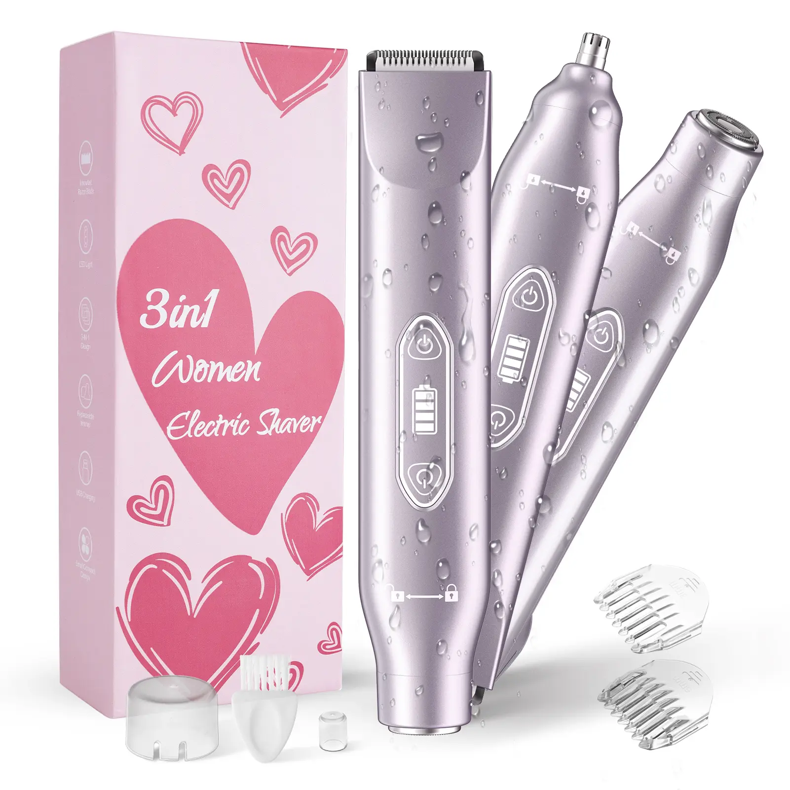 【Mosnami】3-in-1 Electric Shaver & Hair Trimmer, Rechargeable Full Body Facial Hair Remover, Dual Head Painless Shaving for Nose, Armpit, Leg and Pubic Hair, Waterproof Portable Beauty Gift for Women & Men