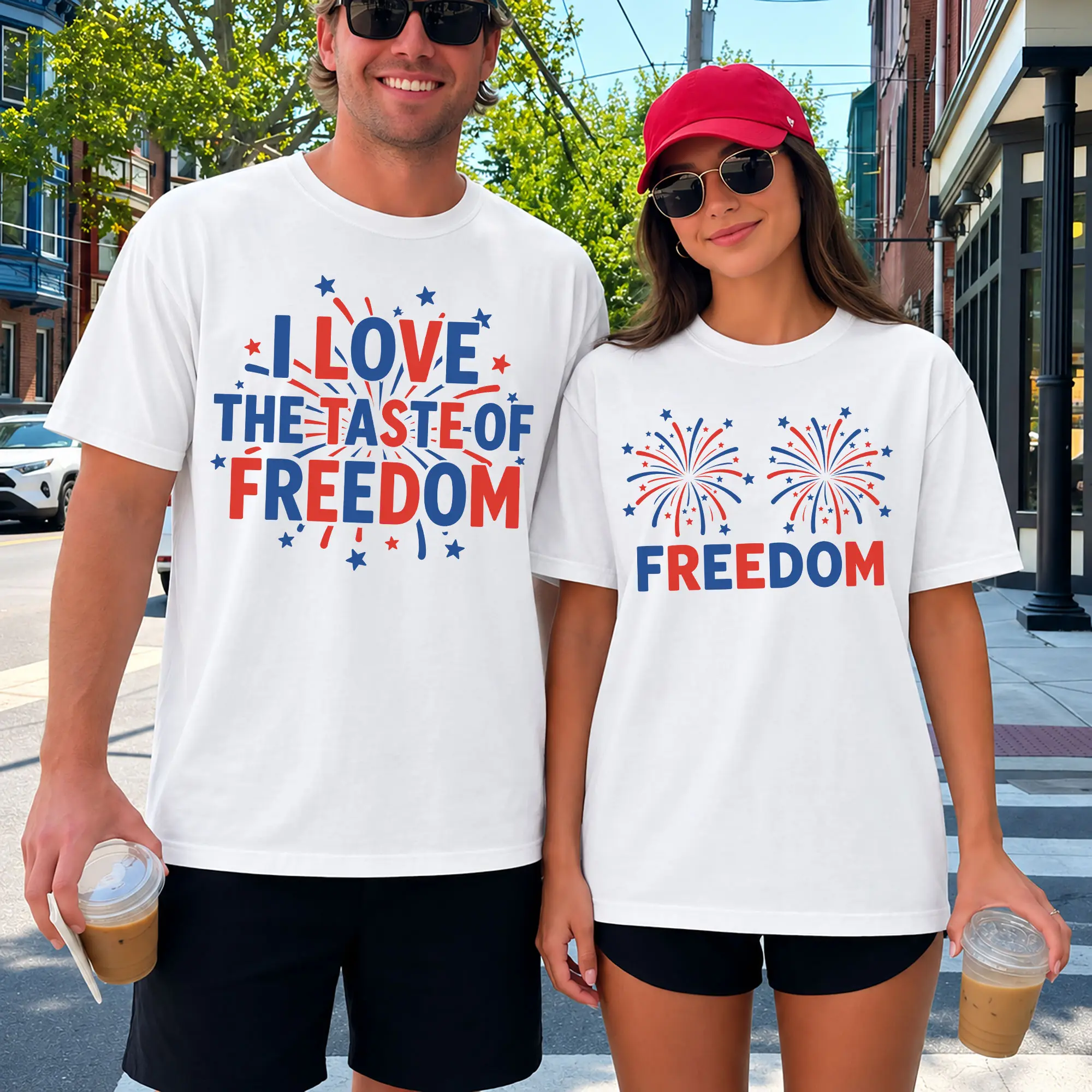 Couples Matching T-Shirt Set, Loose-Fit Patriotic Split Quote Graphic Tees in 100% Cotton, American Pride Apparel for Everyday Wear, Shortsleeve, Casual, Matching Sets, Patriotic Print