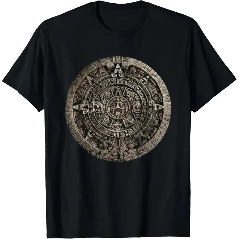 Vintage Aztec Calendar Graphic T-Shirt, Unisex Funny Distressed  Top, Casual Style Streetwear, Casual Style Tee
