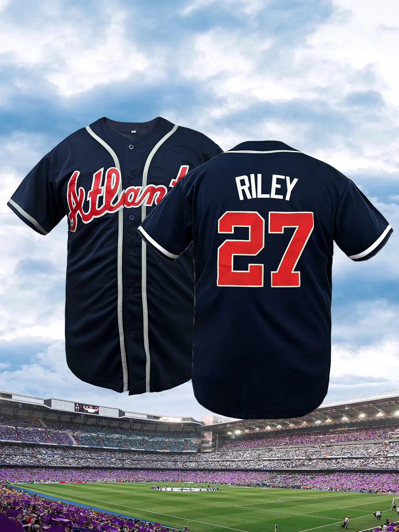 Men's Atlanta #27 Stitched Baseball Jersey Loose-Fit Breathable Short Sleeve Baseball Shirt, Sporty Style, All-Season Wear, Deep Blue Letter & Number Embroidery Design, Sportswear Clothing, Embroidered Baseball Jersey