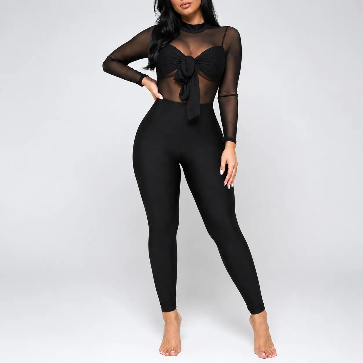Sexy Sheer Mesh Long Sleeve Jumpsuit Bow Tie Front Bodycon One-Piece Club Outfit | Snatched Waist & Stretchy Baddie Style Romper