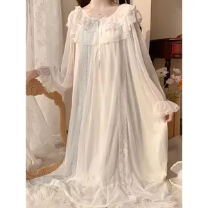 SYHAN 2026 Latest Fashionable Pure and Dreamy Fairy-style Nightgown for Women, Spring and Summer Ruffled Palace Princess Style, Spring and Autumn Lace Chiffon White Sweet Homewear Long Sleeve