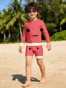 Spring and Summer Collection Boys' leotard shorts + long sleeve swimsuit set two-piece sun protection Pink Cute Face With Black Eyes And Smile Pattern Quick-drying, breathable, skin-friendly, and soft Beach vacation leisure versatile children's