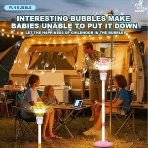 Automatic bubble machine with three height adjustable stands, night light, and music. This portable bubble blower is suitable for wedding parties, Christmas gifts, outdoor children's toys, adult birthday celebrations, and camping trips