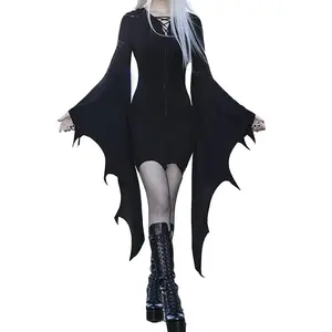 Chic Women’s Halloween Costume Dress – Black Skeleton Print Batwing Long-Sleeve Cosplay Dress for Parties, Prom, and Costume Events