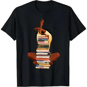 Black Woman And Books Stack Afro Girl Book Lover T-Shirt Cotton Everyday