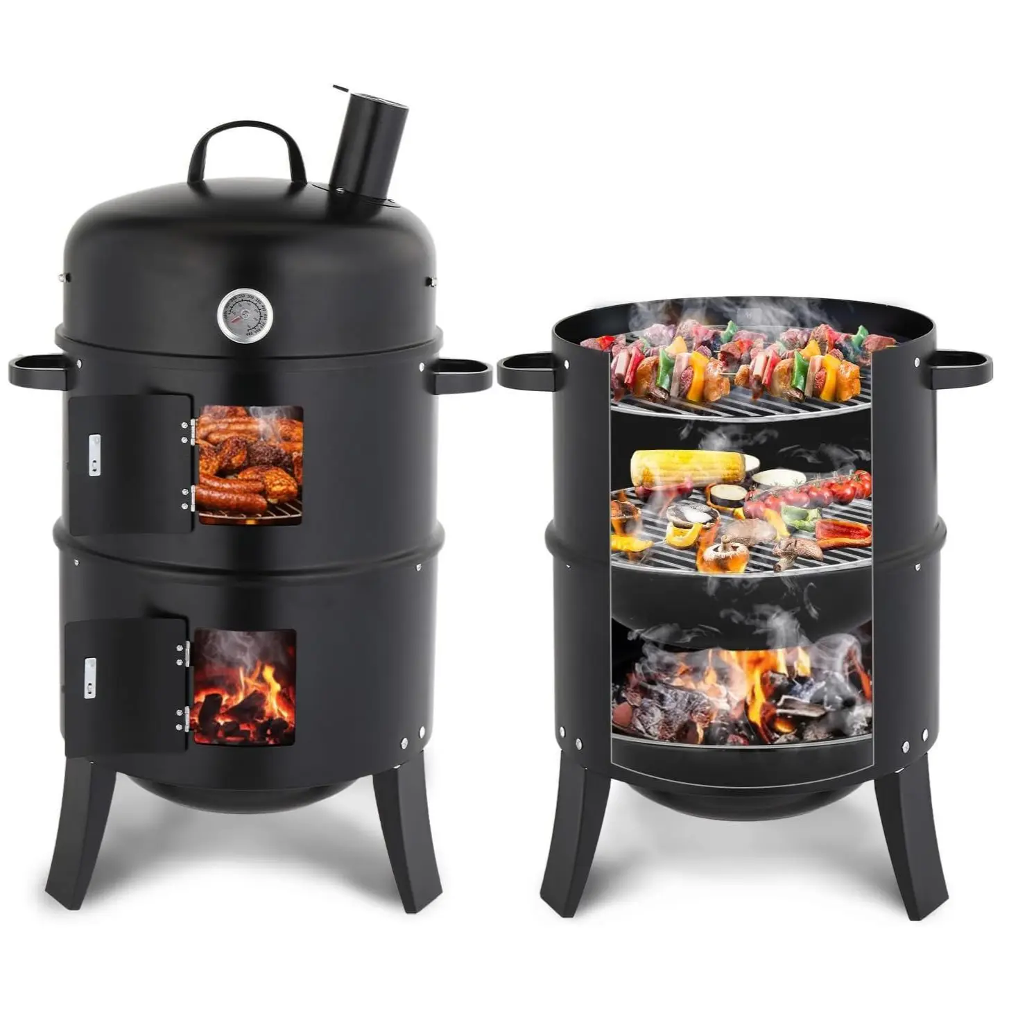 Upgraded 18-inch Aluminium Barrel Charcoal Smoker - Vertical Multi-Layer Round Grill with Thermometer, Chimney, Heavy-Duty Outdoor Cooking Equipment for Patio Parties, Backyard BBQ, Barrel Charcoal Grill, Bbq Charcoal Grills
