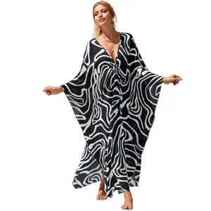 Plus Size Mumu Dresses for Women - Boho Batwing Sleeve Caftan with Side Slits, Long Moo Moo Nightgown & Beach Cover Up - Black Curve
