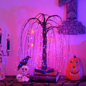 Halloween Willow Tree Decorative Light 24-inch with 24 Purple & Orange LED USB Battery Powered Desktop Artificial Black Horror Tree for Indoor Home & Halloween Decorations