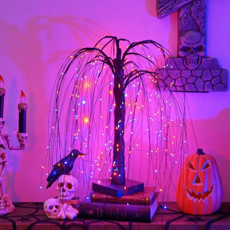 24-in Spooky Black Artificial Willow Tree Halloween Decor, 24 Purple & Orange LED Lights, USB-Battery Powered Desktop Ornament for Indoor Funky Home Decor Items