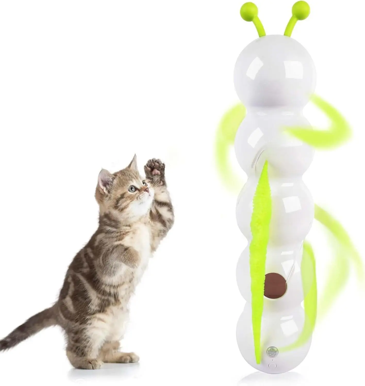 All For Paws Interactive Cat Feather Toy Suction Cup Caterpillar Whack 'A' Prey with Automatic Fluffy Tail Teaser Motion Sensor USB Rechargeable for Indoor Cats