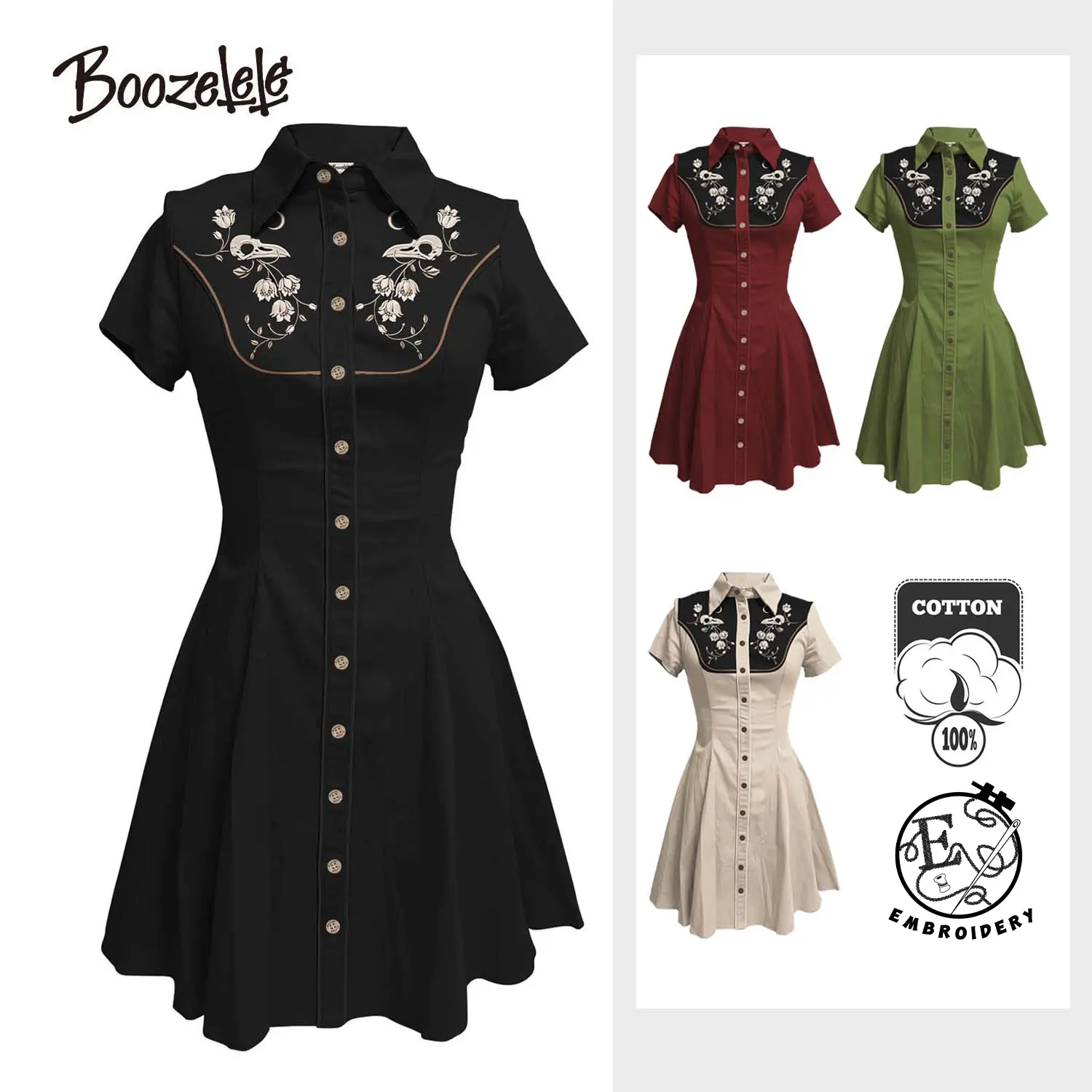 [Embroidery]Boozelele Embroidery Vintage Western  Flower and Raven Skull 100% Cotton Dress,Double Pockets,Western Dress,Gothic Dress,Casual Womenswear, Shortsleeve, Collared