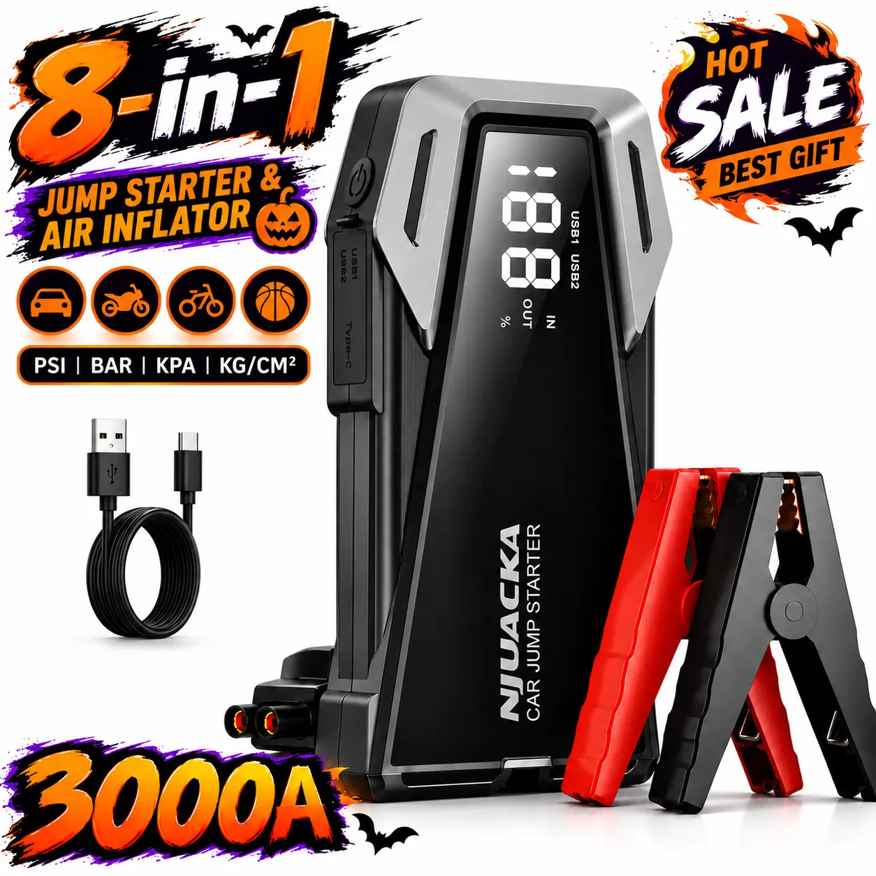 3000A 12V Car Jump Starter Automotive Tools - 150PSI Air Compressor, Battery Booster, Smart Digital Display, Portable Power Bank, LED Emergency Light, Multi-Function Roadside Kit for Cars/SUVs