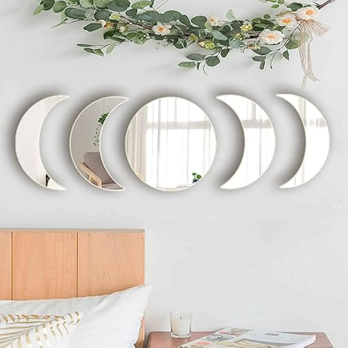 5-Piece Acrylic Moon Phase Decorative Mirrors for Wall Decor, Self-Adhesive Mirror Wall Stickers, Bohemian Home Decor for Living Room, Bedroom (20cm), Living Room Decor