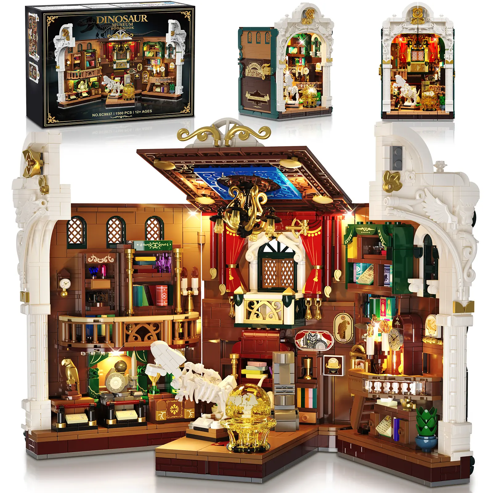 Dinosaur Library Book Nook Building Set with Lights, Big Booknook Building Block Toy for Bookshelf Home Decor, 1500 PCS Miniature House Model Building Kit Gift for Adults Teens Boys Girls 12+