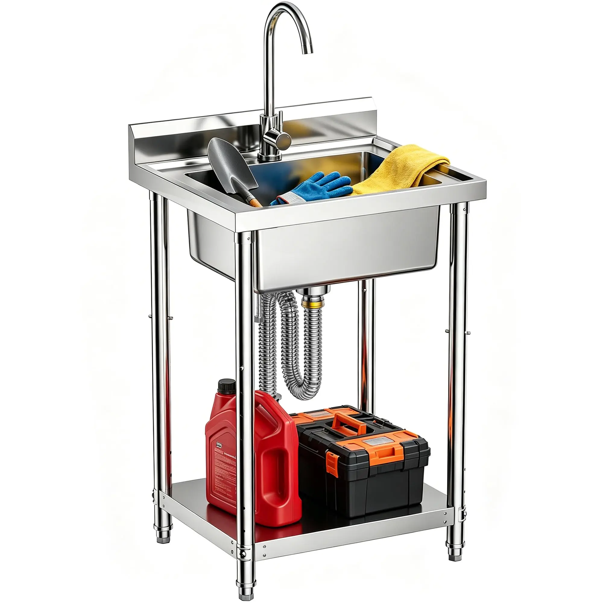 【Summer Sale】CAMMOO 23" 304 Stainless Steel Utility Sink | 4-Height Adjustable Freestanding Sink with 360° Swivel Faucet, Heavy Duty Laundry Kitchen Garage Outdoor RV Basement Hobby Room Wash Sink campingessentials