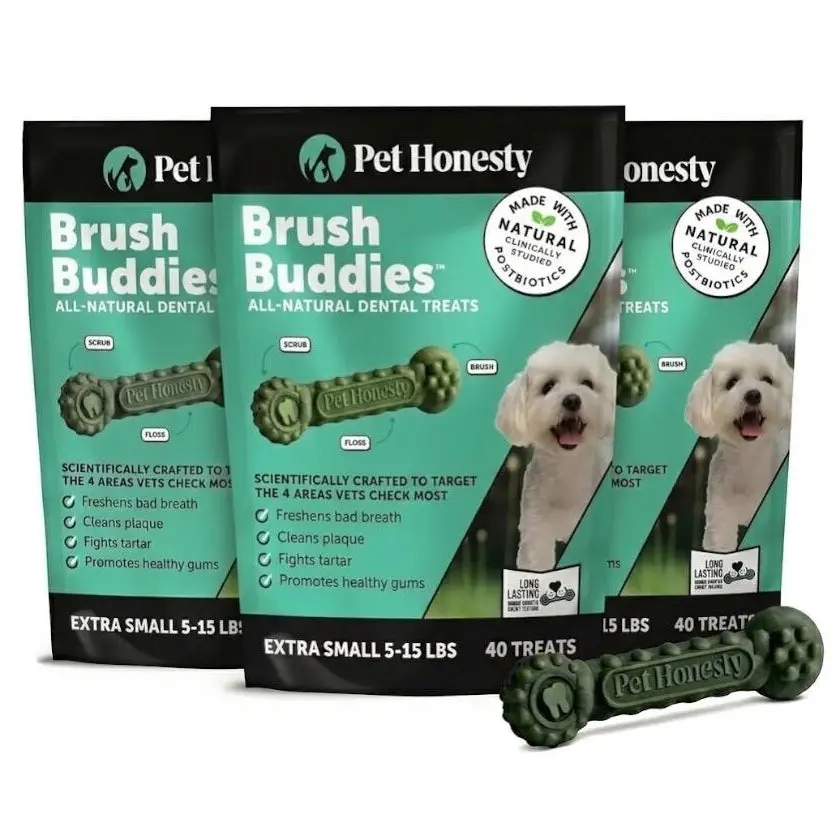 Brush Buddies All-Natural + Long Lasting Dental Treats for Extra Small Sized Dogs - 3 Pack (120 Count)