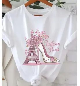 Cotton Short Sleeve  T-Shirt [Relaxed Fit Graphic Tee for] Chic Eiffel Tower & High Heels Graphic Tee for - Soft Polyester Blend, Short Sleeve Crew Neck, Relaxed Fit, Casual Summer & Spring with Floral Accents, Perfect for Travel & Outdoor Activities