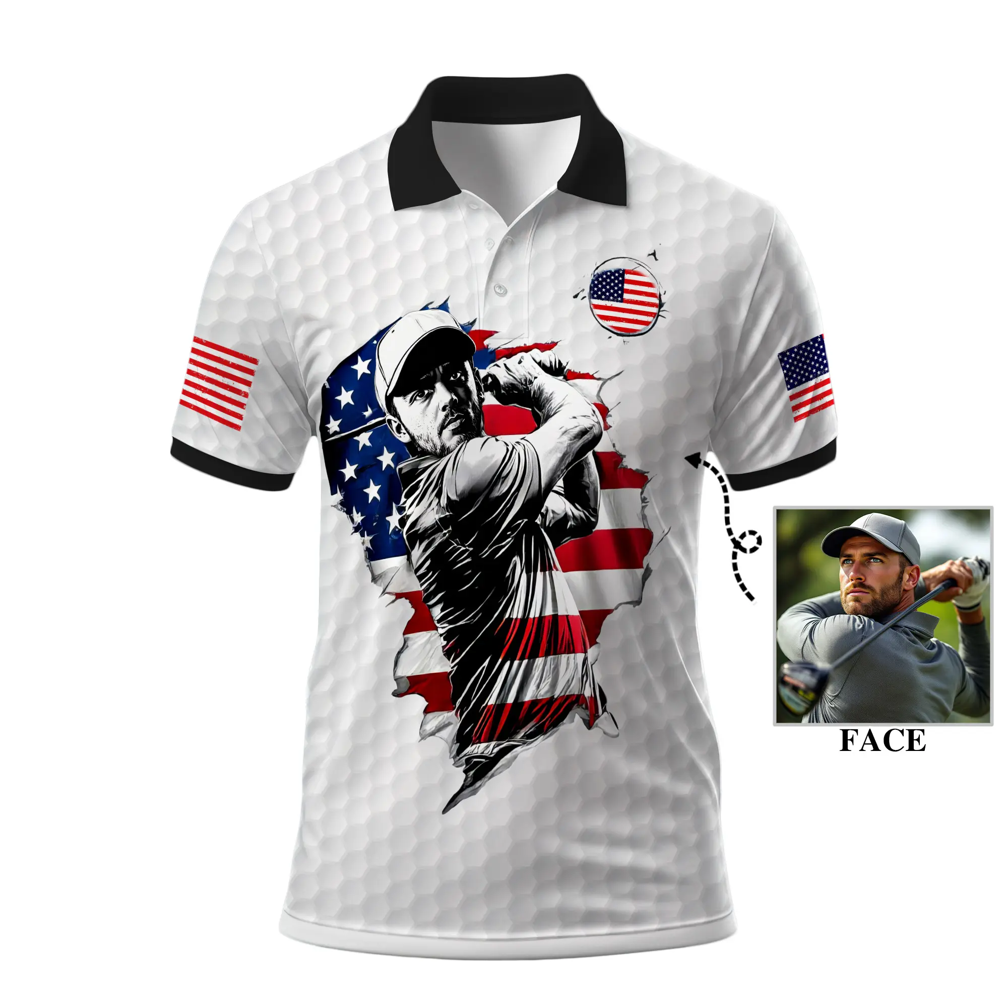 Custom Golf Polo Shirt with Your Face Cartoon on USA Flag Design for Men and Women - Personalized Patriotic Golf Apparel Gift for Golfers, Breathable Fabric, Perfect for Golf Course or Casual Wear, Fast US Shipping