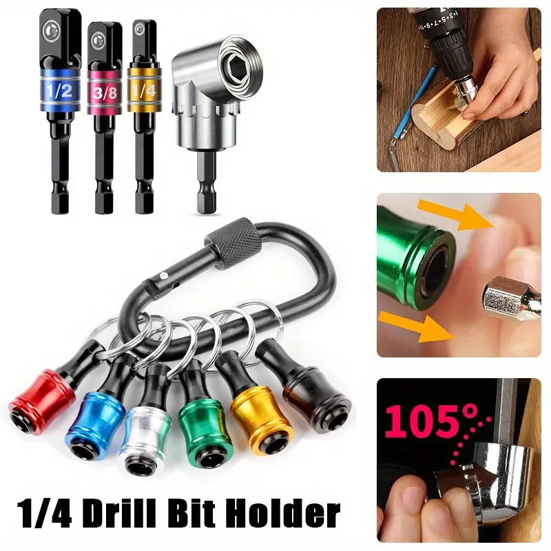 10Pcs Bit Holder Key Chain Gadgets for Men,Including 6Pcs 1/4 Drill Bit Holder,w/Drill Socket Adapter 3 Sizes 1/4" 3/8" 1/2",w/105° Multifunction Right Angle Drill,Hand Tools Kits,Springtok