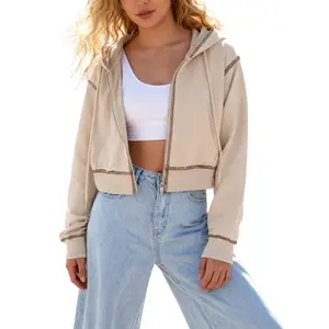 Tanming Women's Fitted Long-Sleeve Casual Hoodie - Colorblock Zip Pullover, Cropped, Comfortable Cotton, Collared, Minimalist Hoodies for Women for Casual Outings