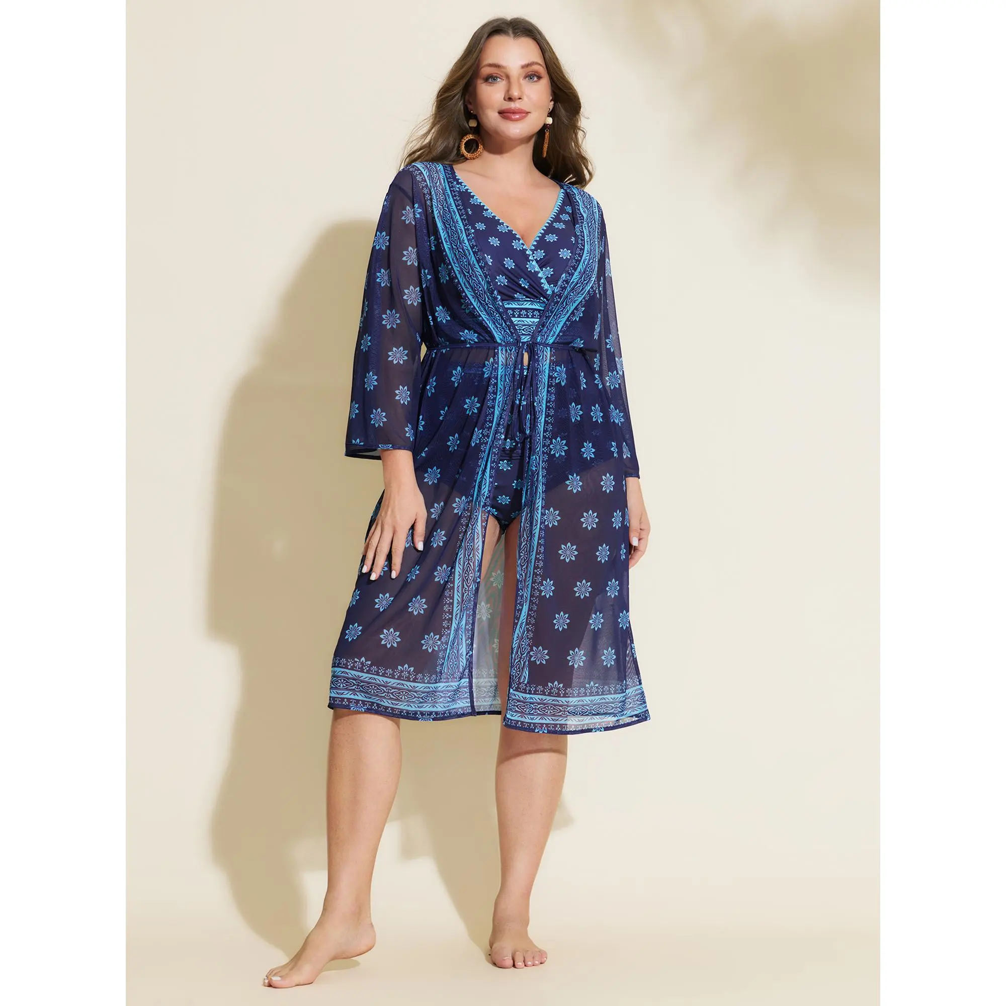 BLOOMCHIC Women's Plus Size Floral Sheer Front-Tie Cover Up Swimsuit, Cute Multi-Size Lace-Up Resort Cover Up [M-6X] Cover Ups Swimsuits, Cute Cover Ups,Summerfinds