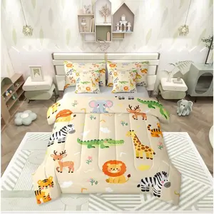 Kids Zoo Animal 7 Piece Comforter Bed Set,Nursery Bedroom Cute Wild Animals Bedding Set,Lion Elephant Crocodile Wildlife Sheets Safari Wild Print Bed Set