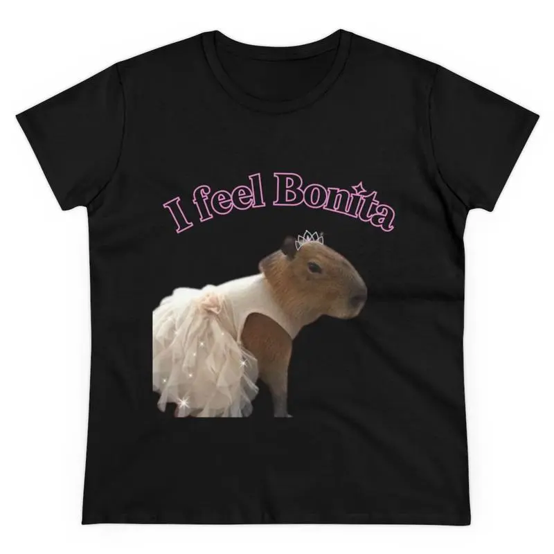 Princess Capy  - "I feel Bonita" - Sparkly and Cute - Capybara - Funny Women's T shirt - Women's Midweight Cotton Tee Black Loose