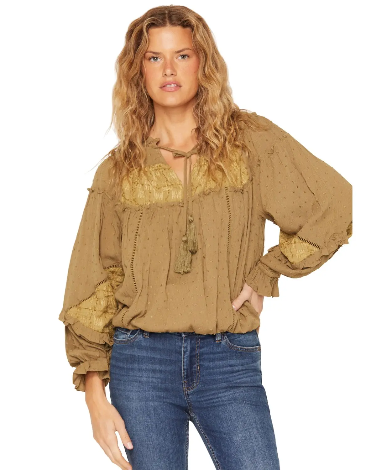 Miss Me Women's Women'S Bubble Hem Lace Trim Peasant Blouse - Mt3419l