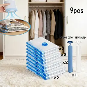9-piece clothing storage vacuum bags set (including 2S+2M+2L+2XL+1 pump) in various sizes, suitable for storing clothes, bedding, blankets, frees up closet space, Reusable, works with any vacuum cleaner, Storage organizer bag, Space Saving Bags
