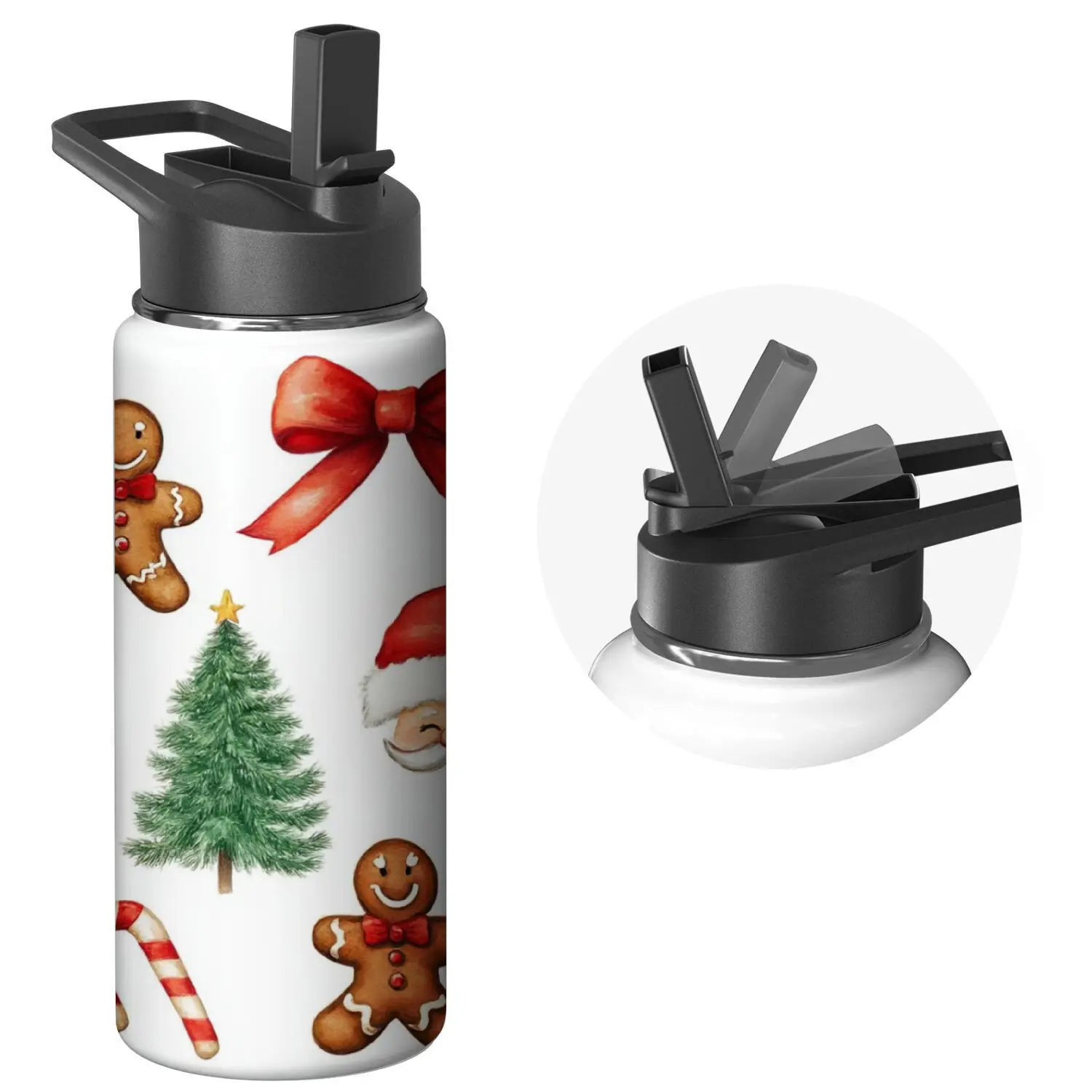 Christmas Themed Water Bottle with Flip Lid - White, Gingerbread Man, Christmas Tree, Candy Cane, Santa Hat Design - Perfect for Holiday Gifts, Outdoor Activities, and Daily Use