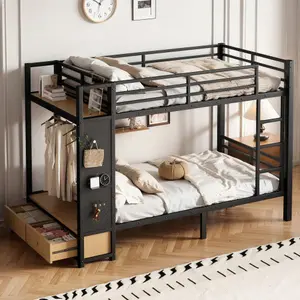 Bellemave   Metal Bunk Bed for Teens with Storage Shelves ,Drawers and Pegboard,Black