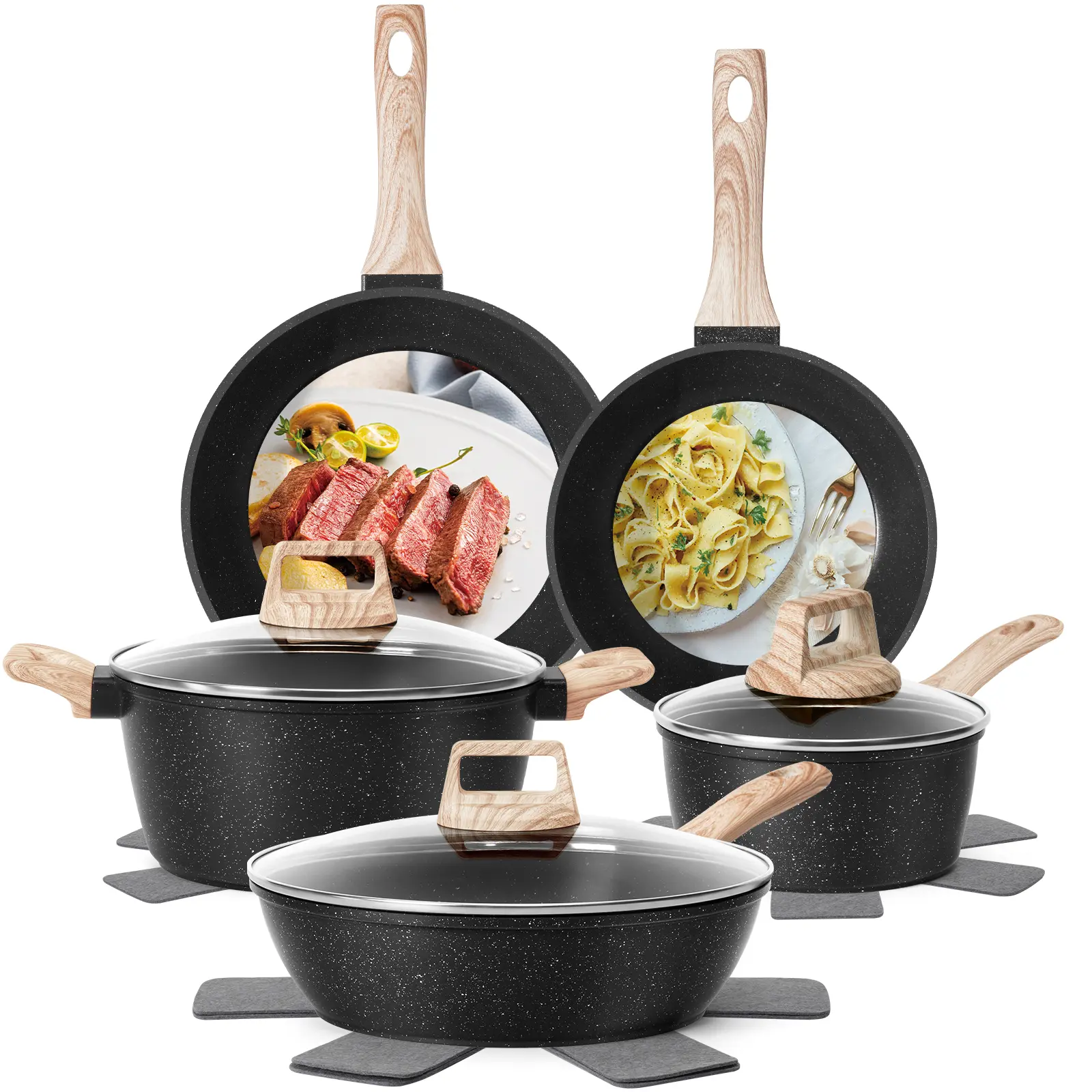 SODAY 12 Pcs Pots and Pans Set Non Stick Kitchen Cookware Sets Nonstick Induction Cookware Black Granite Cooking Set with Frying Pans, Saucepans, Silicone Shovel Spoon & Tongs (NO PFOS, PFOA)  cookware,tiktokshopsummersale