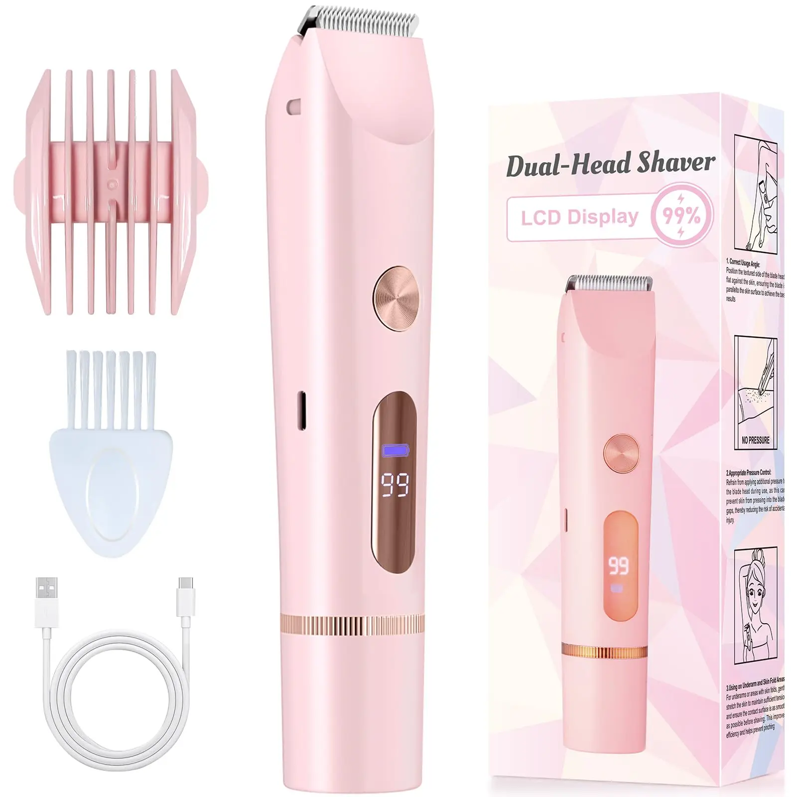 Women's 2-in-1 Stainless Electric Shaver & Trimmer Set with Comb - Facial & Peach Hair Removal, 7000RPM High-Speed Motor, IPX7 Waterproof Wet-Dry Use, USB-C Fast Charge, Long-Lasting Battery, Lightweight