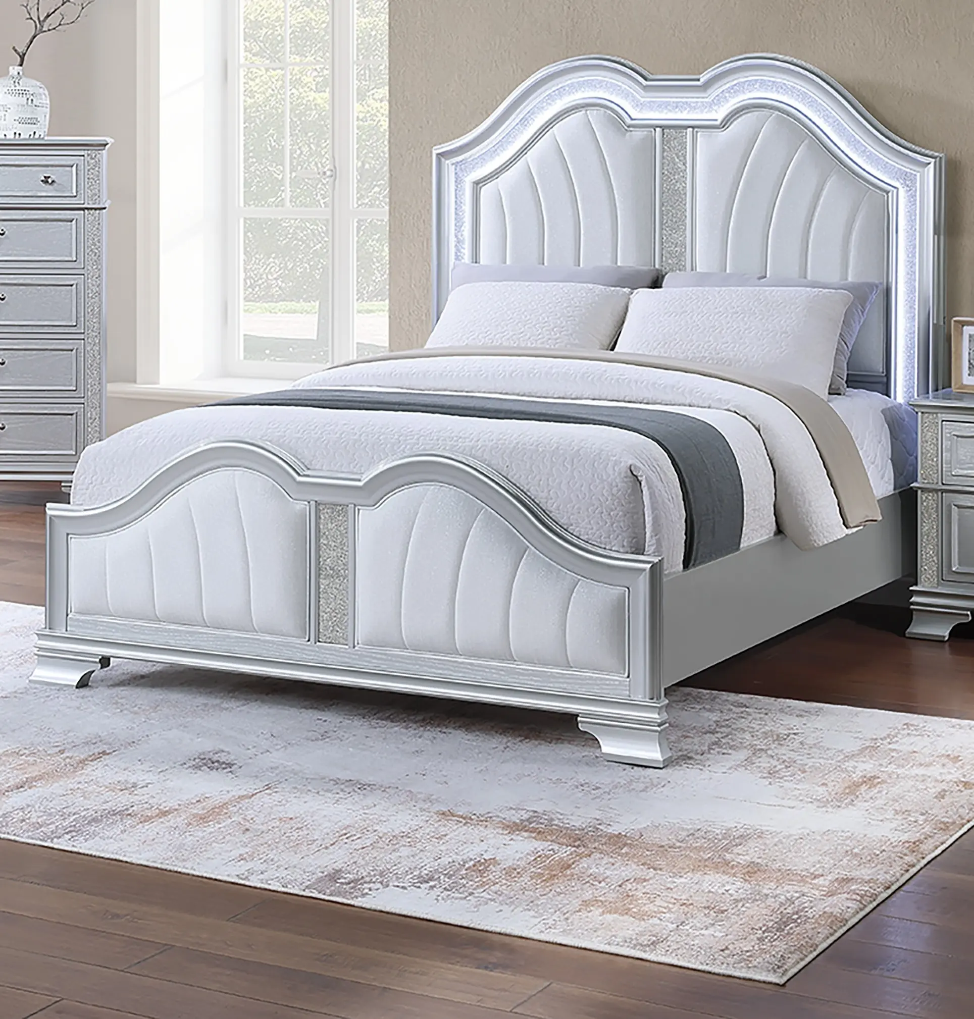 Bellemave Gray Curved Wooden Upholstered Bed Frame with Cushioned Headboard, Built-In USB Port, Twin Trundle, Rattan Accents, LED Lights - Contemporary Bedroom Furniture (1pc)