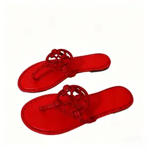 Red Rhinestone Embellished Flat Thong Sandals, Sparkling Crystal Cutout Flip Flops, Comfortable Slip-On Summer Slippers, Women's Dressy Casual Beach Sandals, Non-Slip Lightweight Party Shoes, Trendy Red Flat Sandals for Vacation Daily Wear
