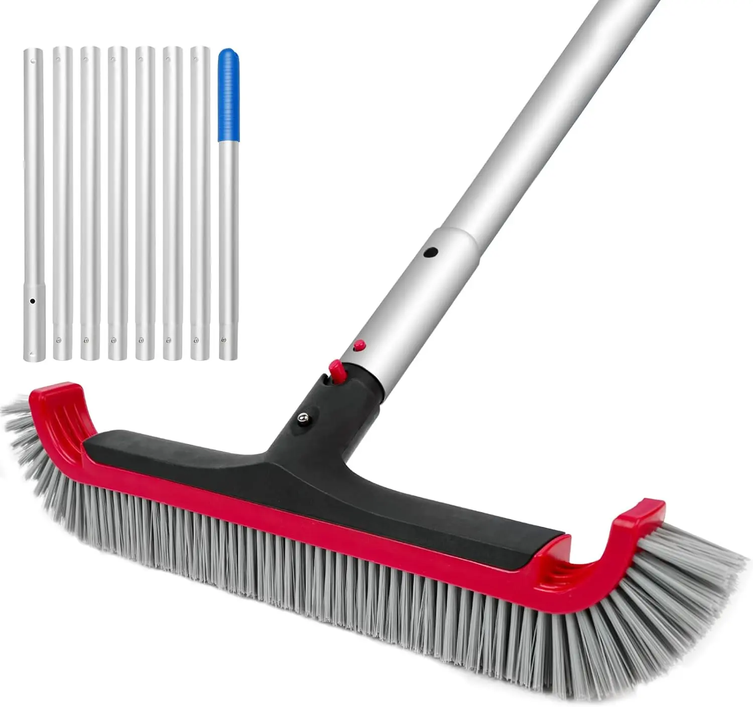 POOLWHALE 17.5 in Curved-End Nylon Bristle Pool Wall Brush with 10FT Adjustable Aluminum Pole - EZ Clip Handle, Multicolor Set, Hot Tub & Pool Cleaning Accessory Swimming Pool Kit Swimming Pool Skimmer