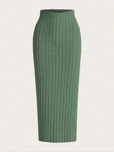 Elegant High Waist Bodycon Knit Midi Skirt Bottoms, Women's Fashion Pleated Long Dress, Versatile Plain Color Design, Perfect for All Occasions, Fit